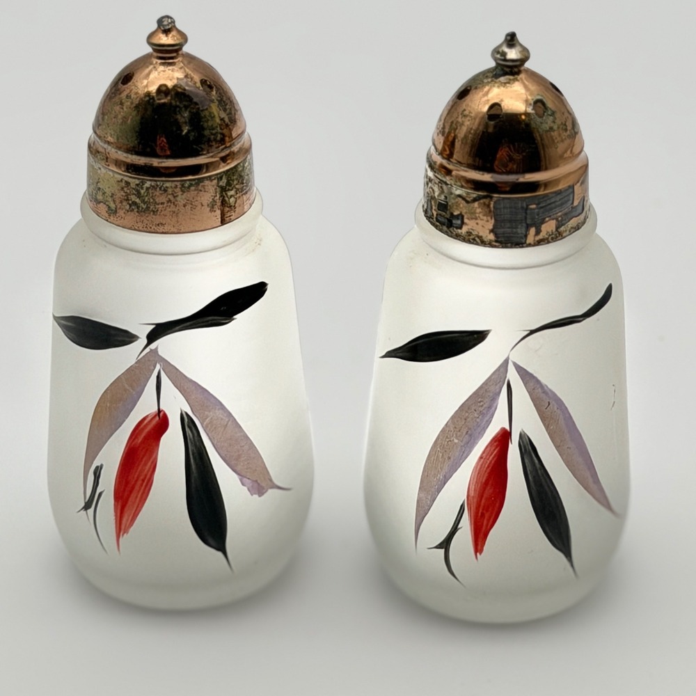 Vintage Hazel Atlas Frosted Glass Salt Pepper Shakers Hand Painted Leaves MCM